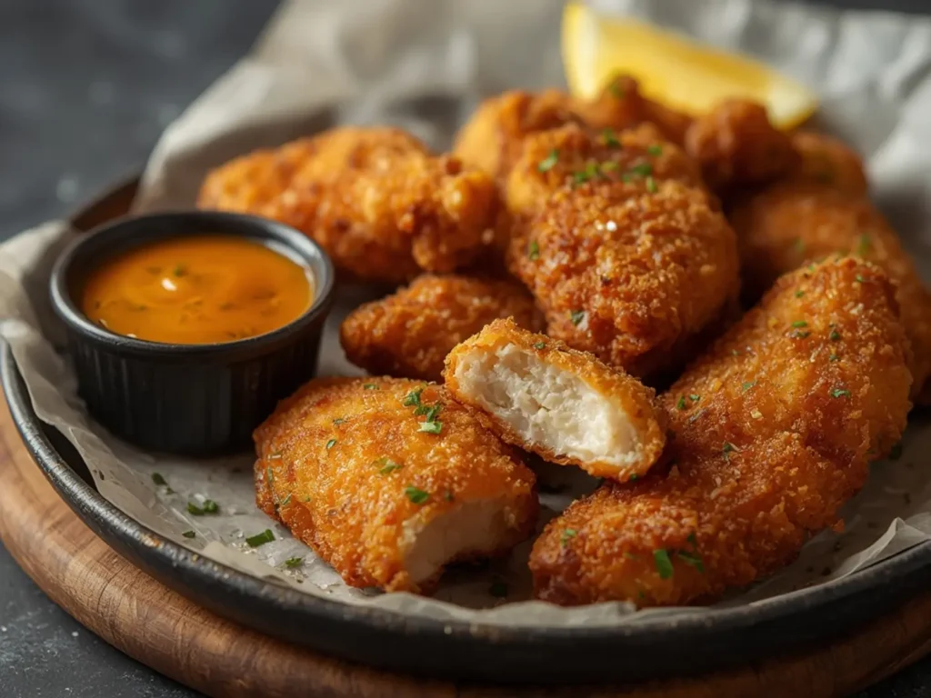 Air Fryer Crispy Chicken Tenders: Golden crispy air fryer chicken tenders with crunchy panko coating and juicy white meat interior, served with dipping sauce