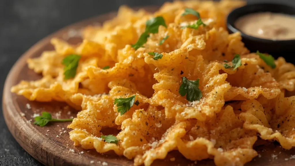 Air Fryer Crispy Pasta Chips made in the air fryer served in a rustic bowl.