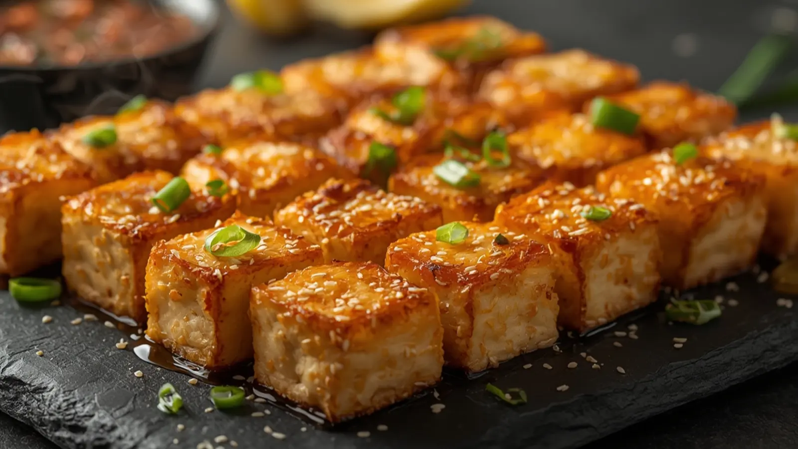 Air Fryer Crispy Tofu Cubes: Golden crispy tofu cubes in an air fryer basket garnished with green onions.