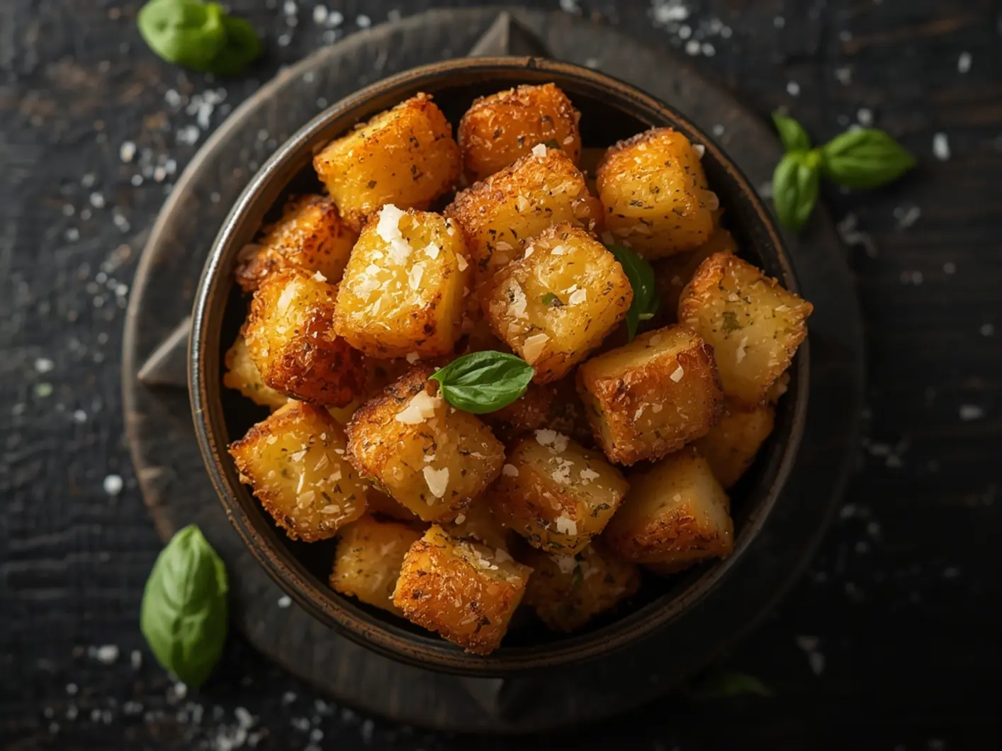 Air Fryer Croutons: Golden-brown air fryer croutons with crispy edges and garlic herb seasoning in a wooden bowl, perfect for Crispy Air Fryer Sides.