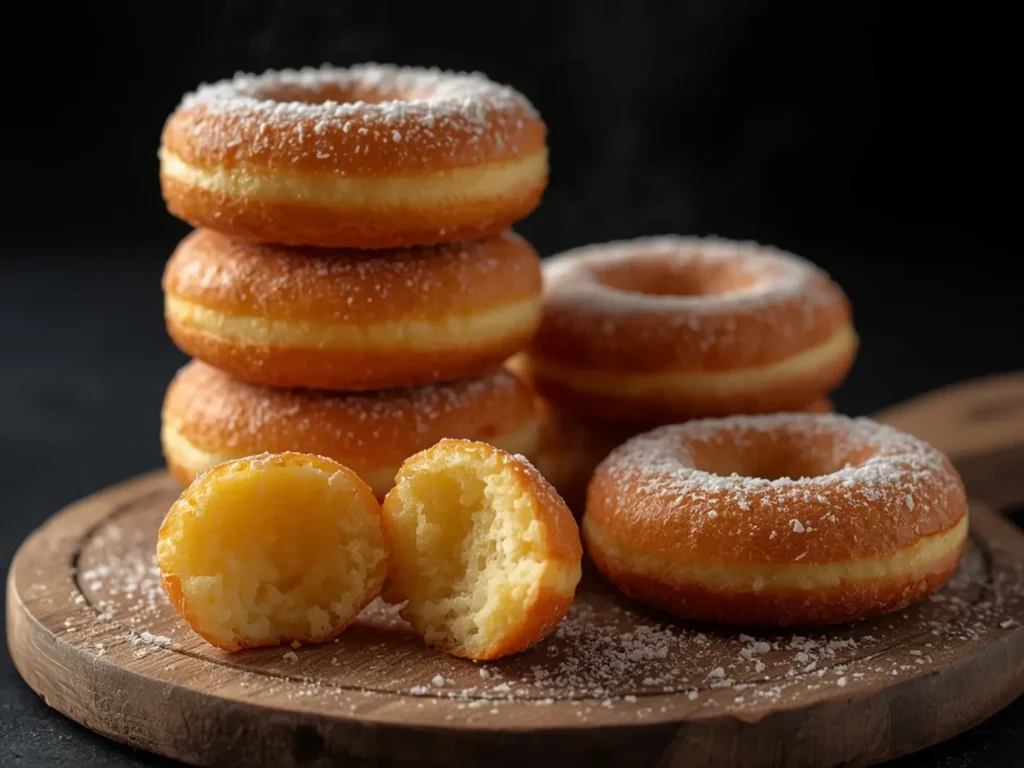 Air fryer Donuts: Golden-brown air fryer donuts dusted with cinnamon sugar on a wooden board, fluffy interior visible in a cut half