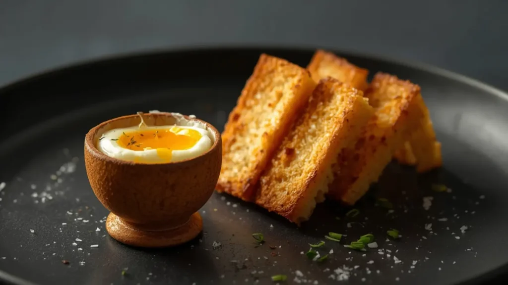 Air Fryer Egg and Toast Soldiers: Soft boiled egg with runny yolk and buttered toast soldiers in an air fryer, ready for dipping.