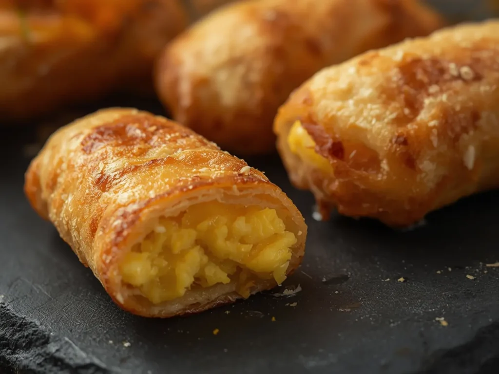 Air Fryer Egg Rolls: Close-up of golden crispy air fryer egg rolls with melted cheese filling peeking out, perfect for breakfast.