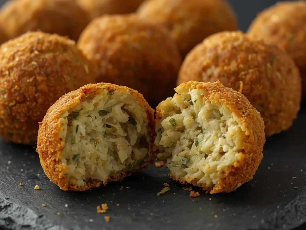Air fryer Falafel: Crispy golden brown air fryer falafel balls on a plate with green herbs visible in the crust.