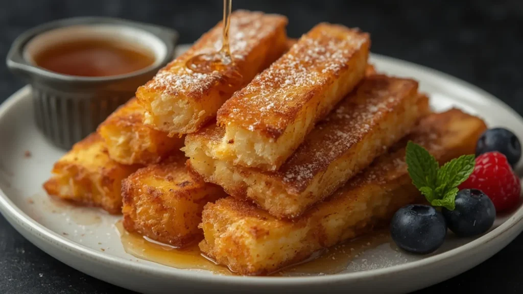 Air Fryer French Toast Sticks: Crispy golden Air Fryer French Toast Sticks drizzled with syrup on a plate.