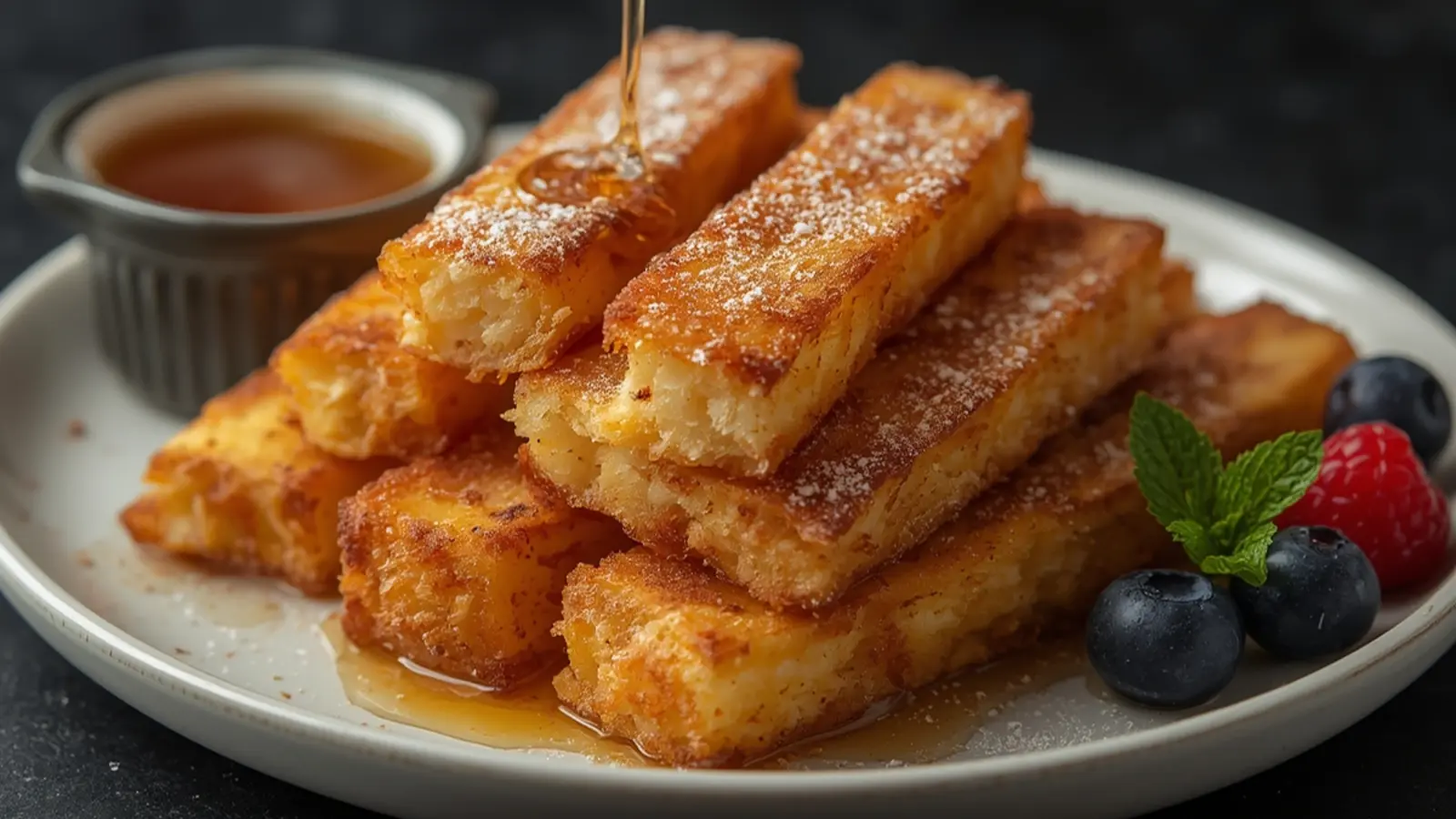 Air Fryer French Toast Sticks: Crispy golden Air Fryer French Toast Sticks drizzled with syrup on a plate.
