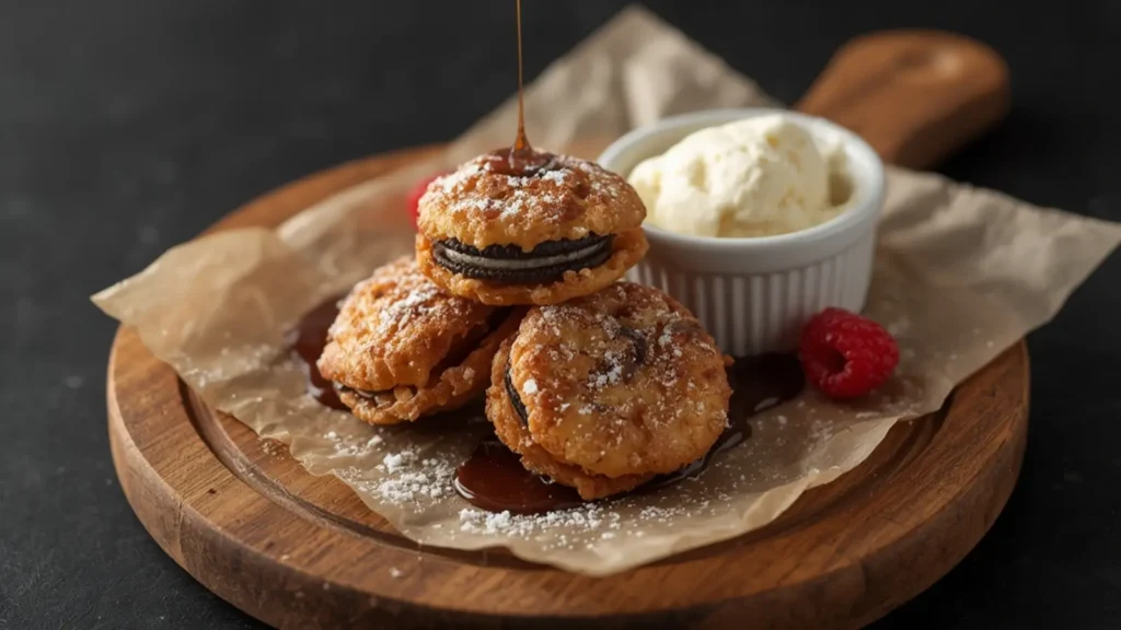 Air Fryer Fried Oreos: Crispy golden fried Oreos made in an air fryer, dusted with powdered sugar.
