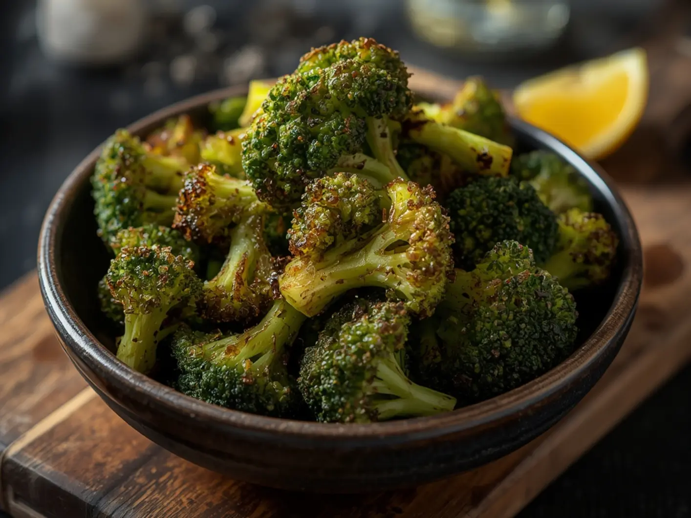 Air Fryer Frozen Broccoli: Crispy air fryer frozen broccoli in a white bowl with golden-brown edges, steam rising, and olive oil glistening on the florets.
