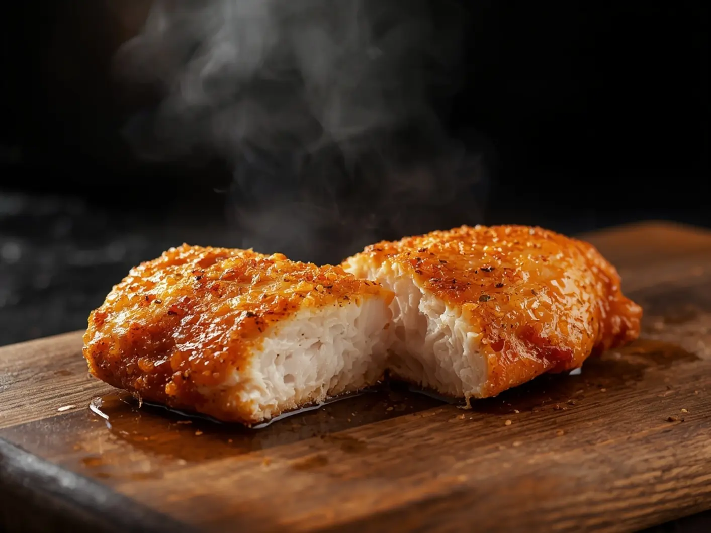 Air Fryer Frozen Chicken: Crispy golden air fryer frozen chicken breast with visible seasoning on a wooden board, steam rising, perfect for quick dinners