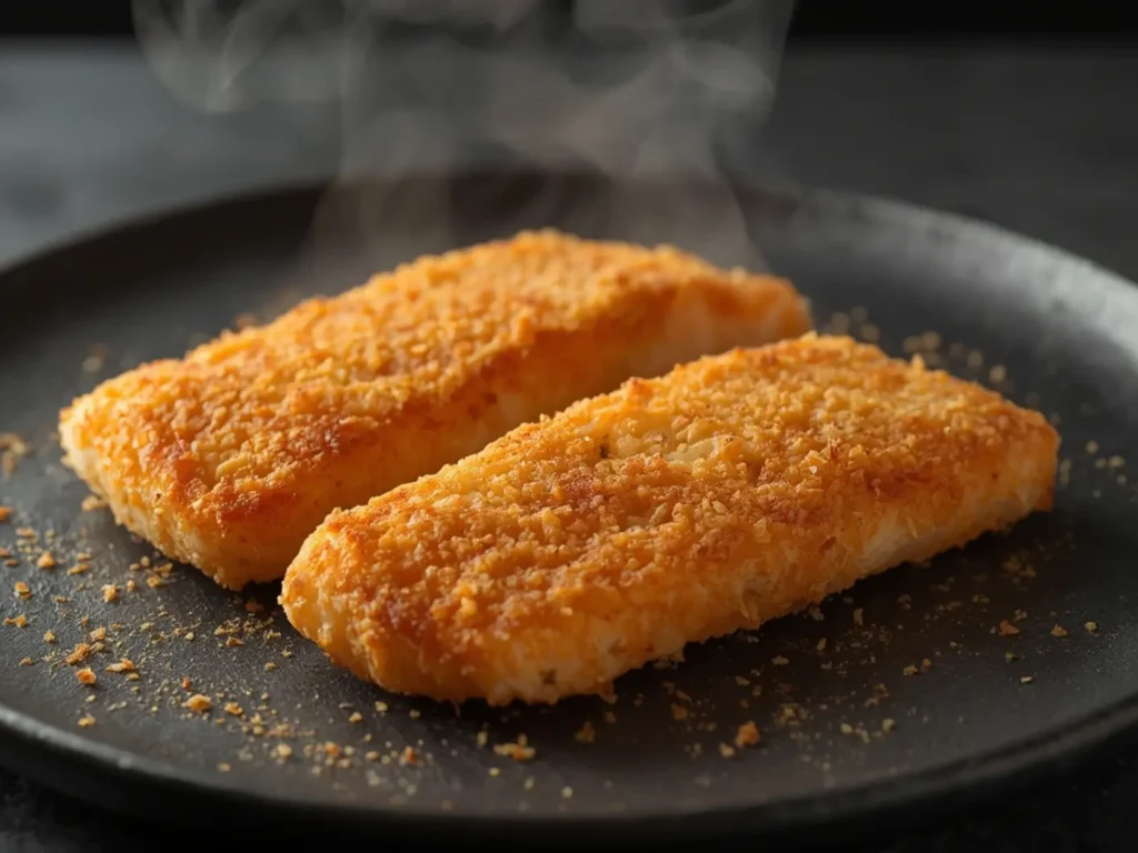 Air Fryer Frozen Fish: Crispy golden air fryer frozen fish fillets on a plate with steam rising.