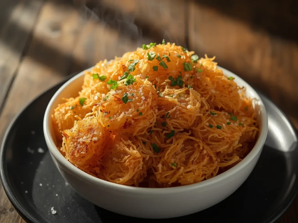 Air Fryer Frozen Hash Browns: Golden crispy air fryer frozen hash browns in a white bowl with fresh parsley garnish on a wooden table.