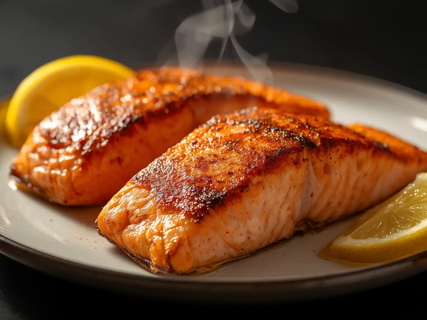 Air Fryer Frozen Salmon: Two golden-brown crispy air fryer frozen salmon fillets on a white plate with a lemon wedge, showing flaky tender pink interior