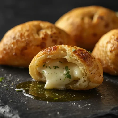 Air Fryer Garlic Cheese Pockets: Golden-brown Air Fryer Garlic Cheese Pockets with melted mozzarella oozing from crispy crescent dough, topped with garlic butter and herbs on a dark slate platter.