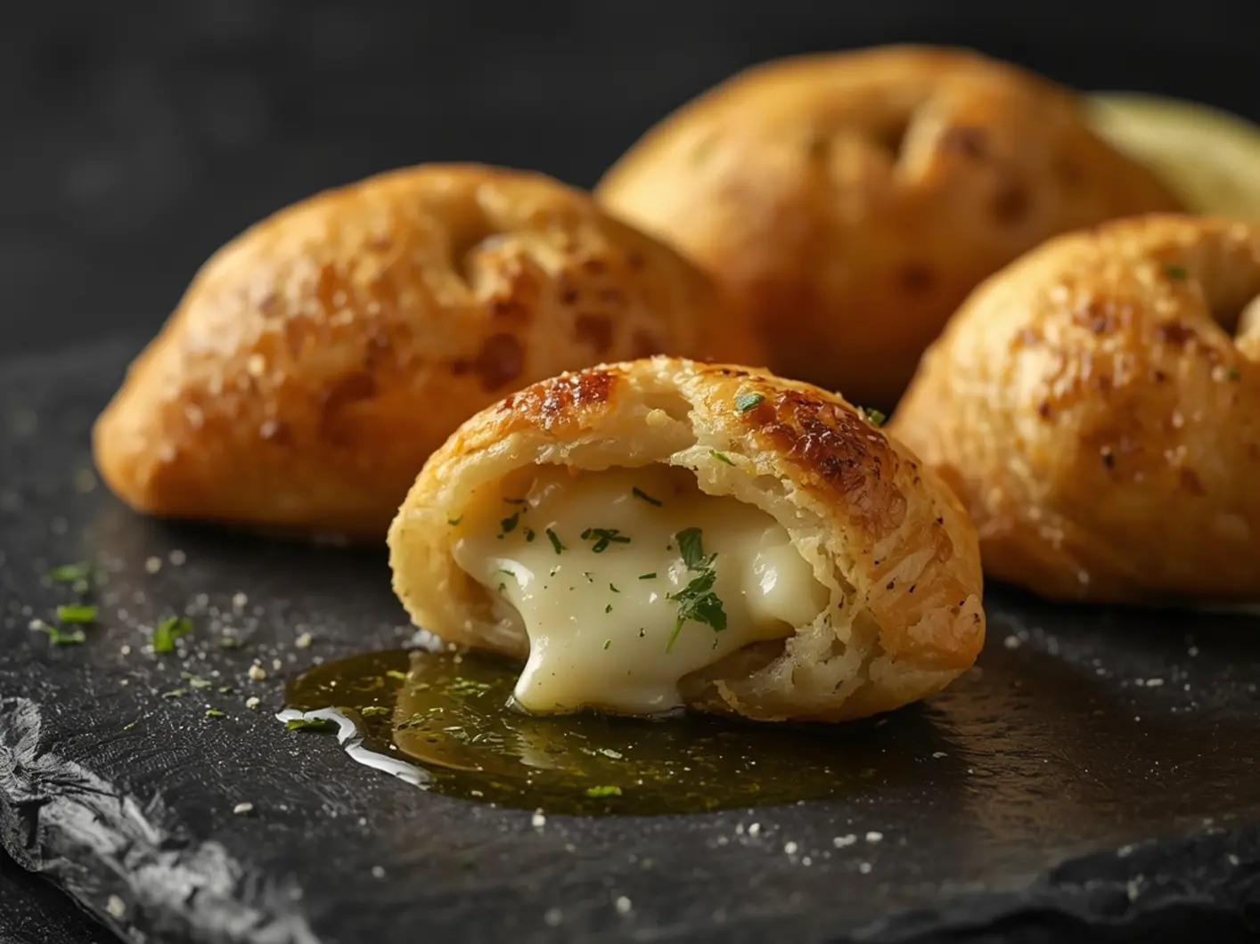 Air Fryer Garlic Cheese Pockets: Golden-brown Air Fryer Garlic Cheese Pockets with melted mozzarella oozing from crispy crescent dough, topped with garlic butter and herbs on a dark slate platter.