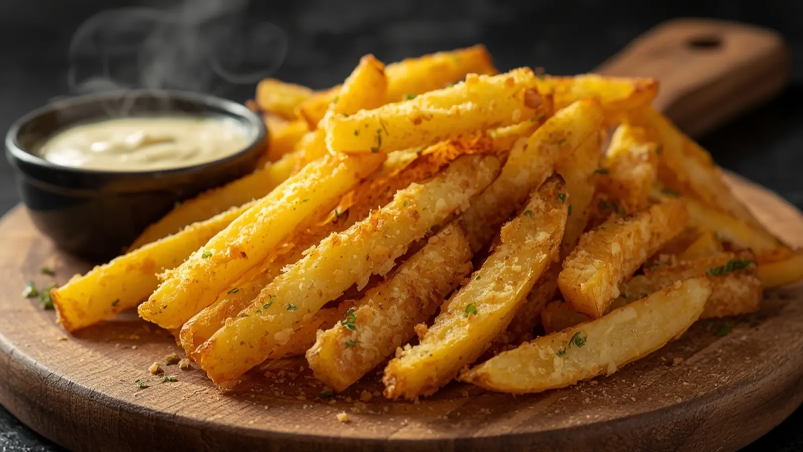 Air Fryer Garlic Parmesan Fries: Air Fryer Garlic Parmesan Fries piled high in a black bowl showing crispy texture.