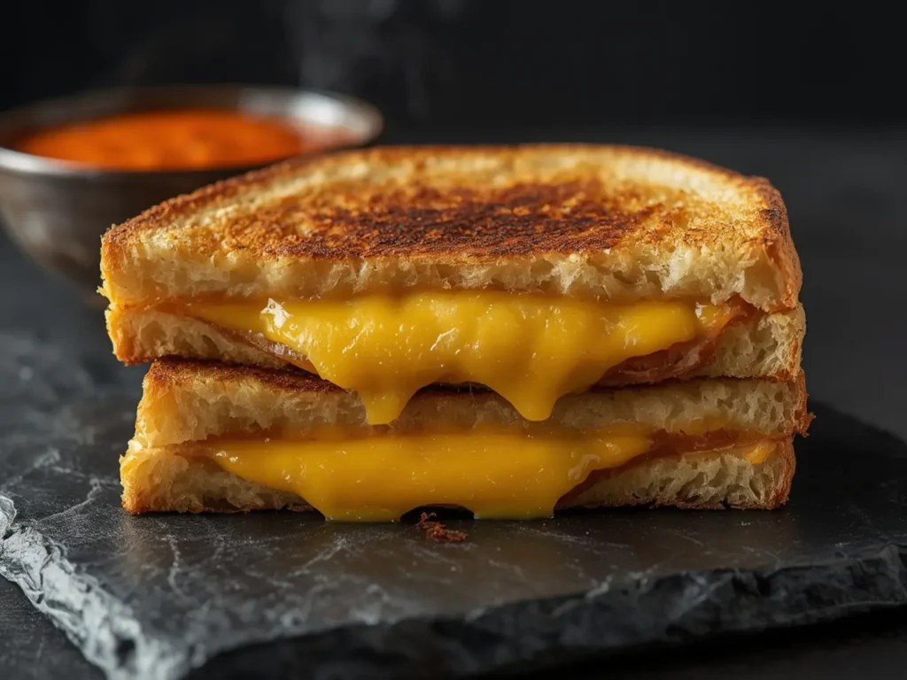 Air Fryer Grilled Cheese: Crispy golden air fryer grilled cheese sandwich with melted cheese oozing out, served on a dark rustic cutting board with a bowl of soup.