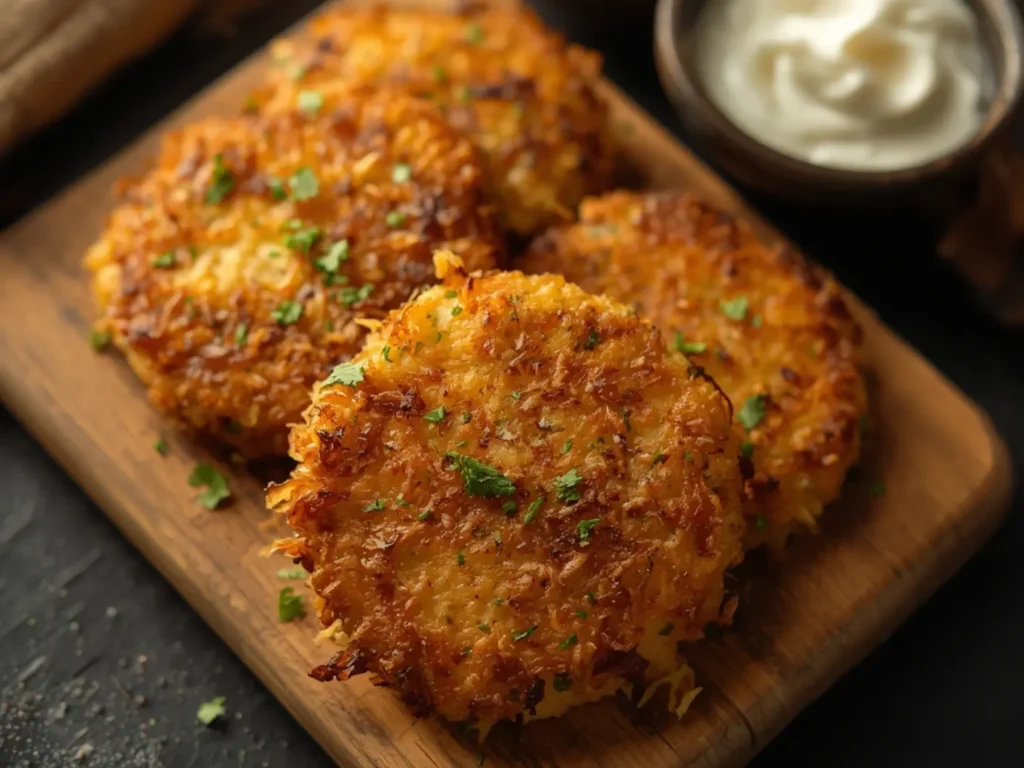 Air Fryer Hash Brown Patties: Golden crispy air fryer hash brown patties with crispy edges on a dark plate, perfect for breakfast. Shredded potato texture visible.