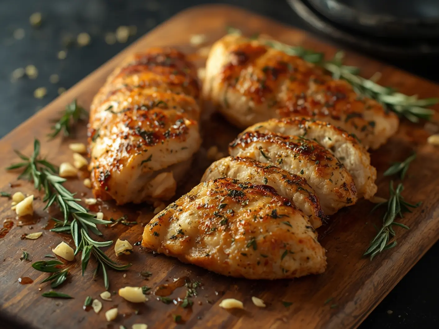 air fryer herb chicken breast: Juicy garlic rosemary air fryer herb chicken breast sliced on a wooden board with fresh herbs