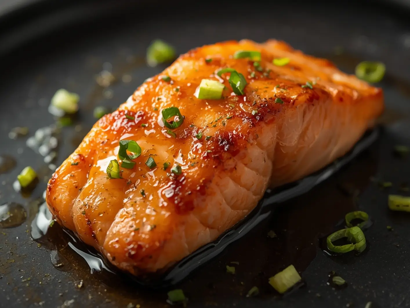 Air Fryer Honey Garlic Salmon: Golden-brown glazed salmon fillets in air fryer with sesame seeds and green onions, sticky honey garlic sauce