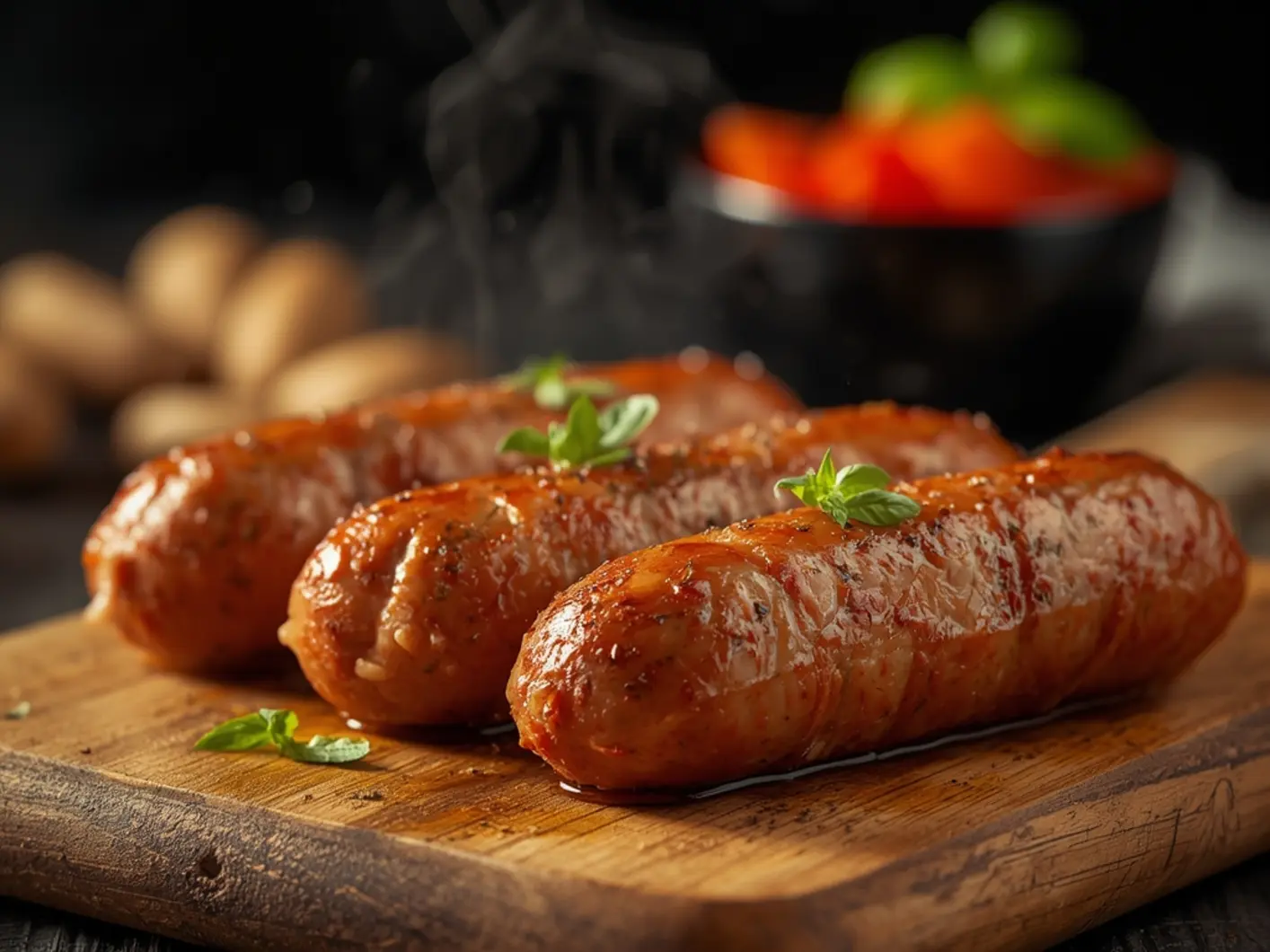Air Fryer Italian Sausage: Golden-brown Italian sausage links with crispy skin, glistening with olive oil and herbs on a wooden board.