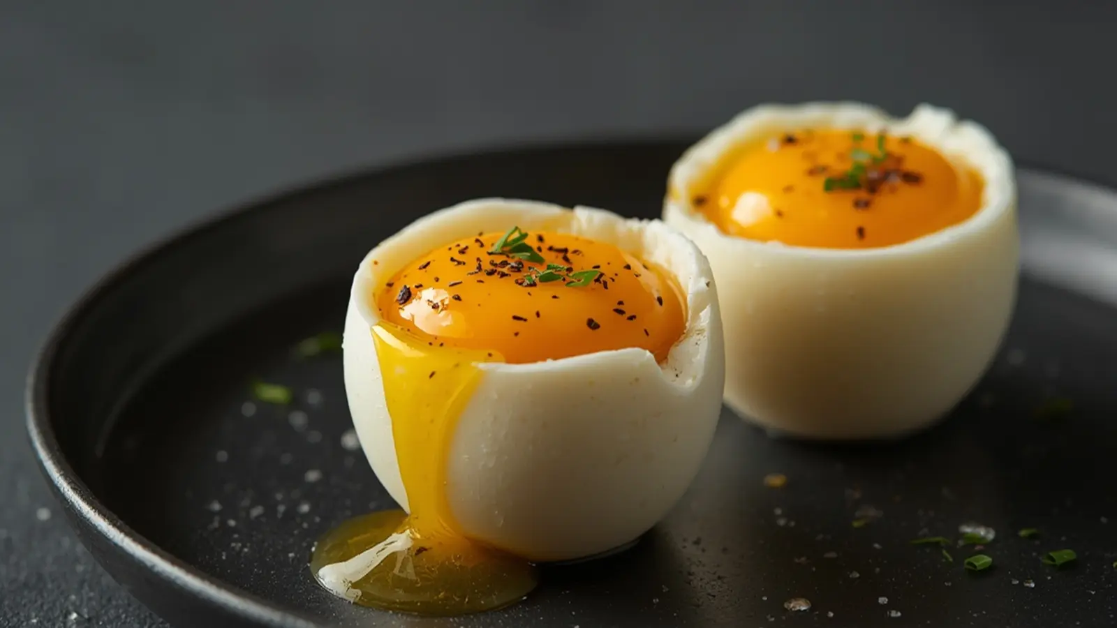 Air Fryer Jammy Soft Boiled Eggs: Air Fryer Jammy Soft Boiled Eggs with runny golden yolk in a ceramic bowl.