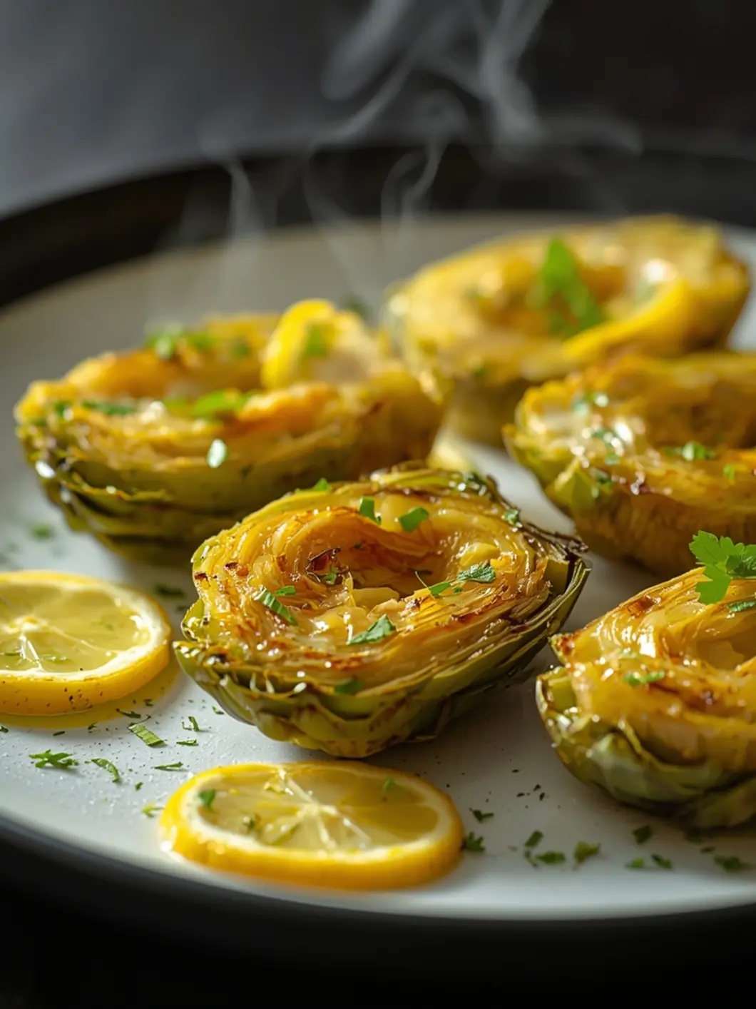 Crispy golden-brown air fryer lemon artichokes in a white bowl with fresh lemon wedges and creamy dip, showing crunchy edges and bright zest