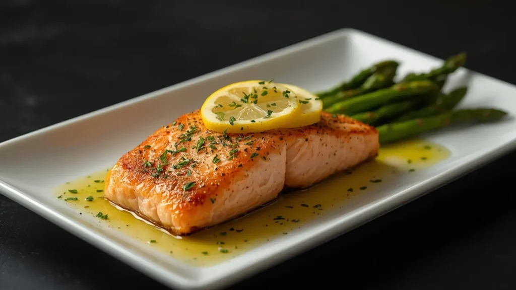 Air Fryer Lemon Herb Salmon and Asparagus: Juicy Air Fryer Lemon Herb Salmon and Asparagus served on a plate with lemon slices, perfect for healthy dinners.
