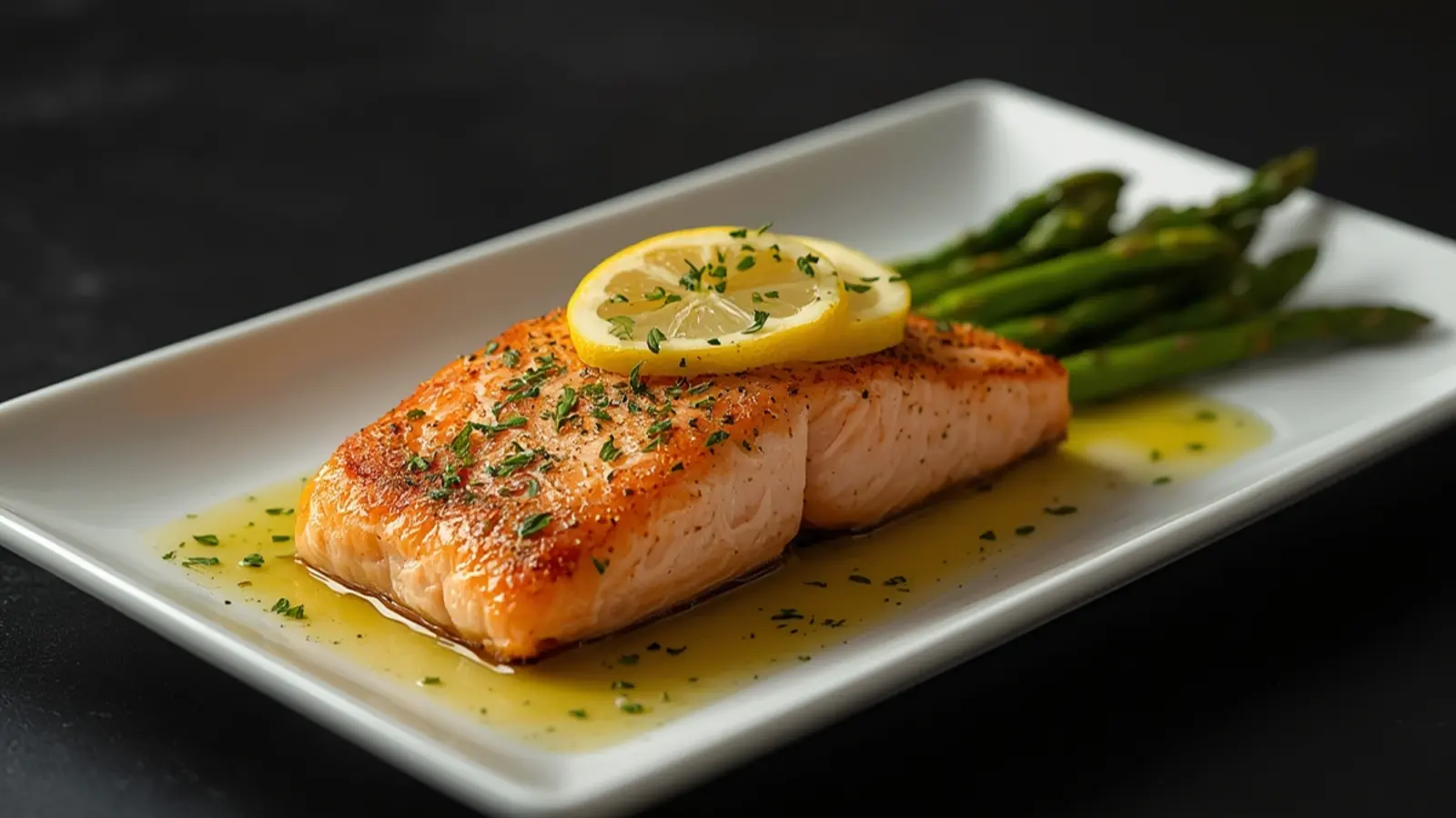 Air Fryer Lemon Herb Salmon and Asparagus: Juicy Air Fryer Lemon Herb Salmon and Asparagus served on a plate with lemon slices, perfect for healthy dinners.