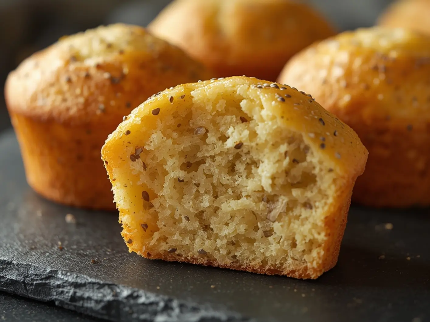 Air fryer Lemon Poppy Seed Muffins: Golden lemon poppy seed muffins with a tall dome, scattered poppy seeds, and a bright citrus glaze in an air fryer basket