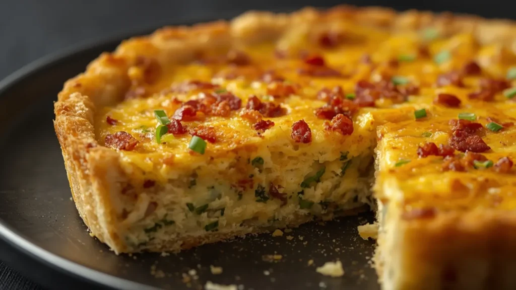 Air Fryer Loaded Hash Brown Crust Quiche: A slice of golden Air Fryer Loaded Hash Brown Crust Quiche with crispy potato crust and fluffy egg filling.