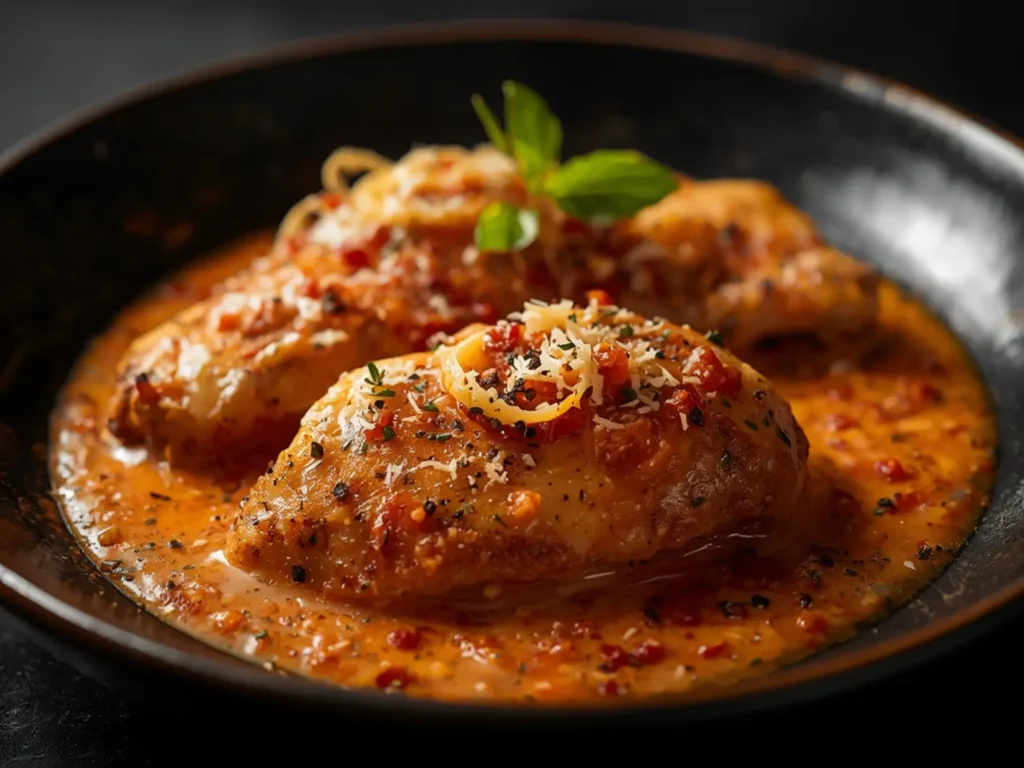 Air Fryer Marry Me Chicken: Creamy Air Fryer Marry Me Chicken with golden-brown sear marks, rich tomato cream sauce, and fresh basil garnish on white plate