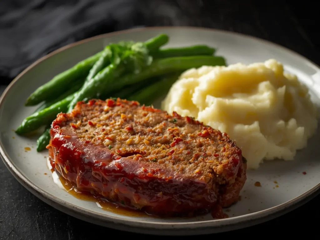 Air Fryer Meatloaf: Juicy air fryer meatloaf slice with crispy ketchup glaze on white plate, tender interior with visible ground beef texture, golden brown edges