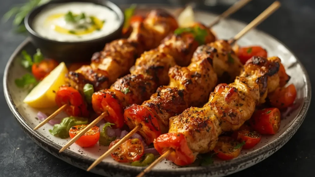 Air Fryer Mediterranean Chicken Skewers: Air fryer chicken skewers with bell peppers and onions on a plate.