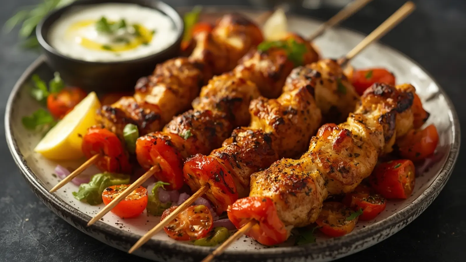 Air Fryer Mediterranean Chicken Skewers: Air fryer chicken skewers with bell peppers and onions on a plate.