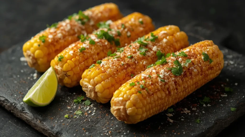Air Fryer Mexican Street Corn: Golden Air Fryer Mexican Street Corn topped with cotija cheese and chili powder on a wooden board.