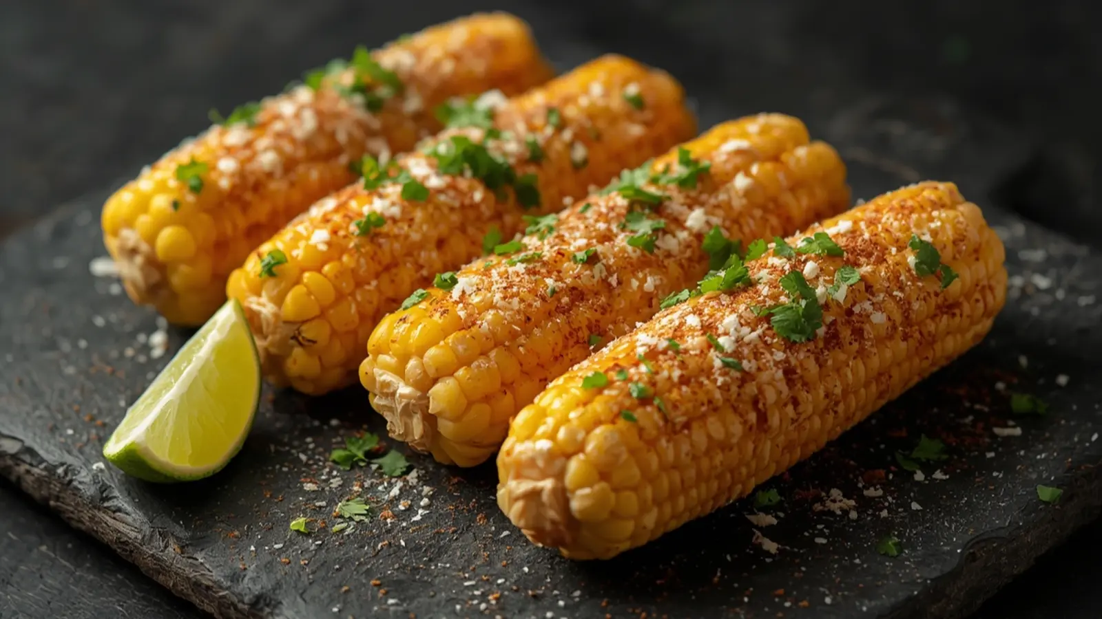 Air Fryer Mexican Street Corn: Golden Air Fryer Mexican Street Corn topped with cotija cheese and chili powder on a wooden board.