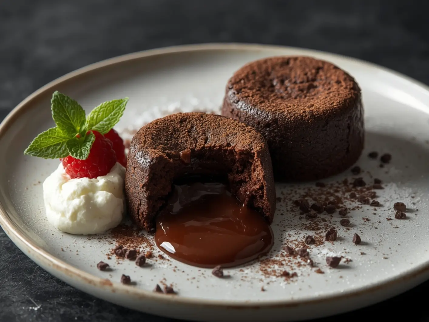 Air Fryer Mini Lava Cakes: Rich chocolate air fryer mini lava cakes with molten centers on a plate, dusted with powdered sugar, ready to eat.