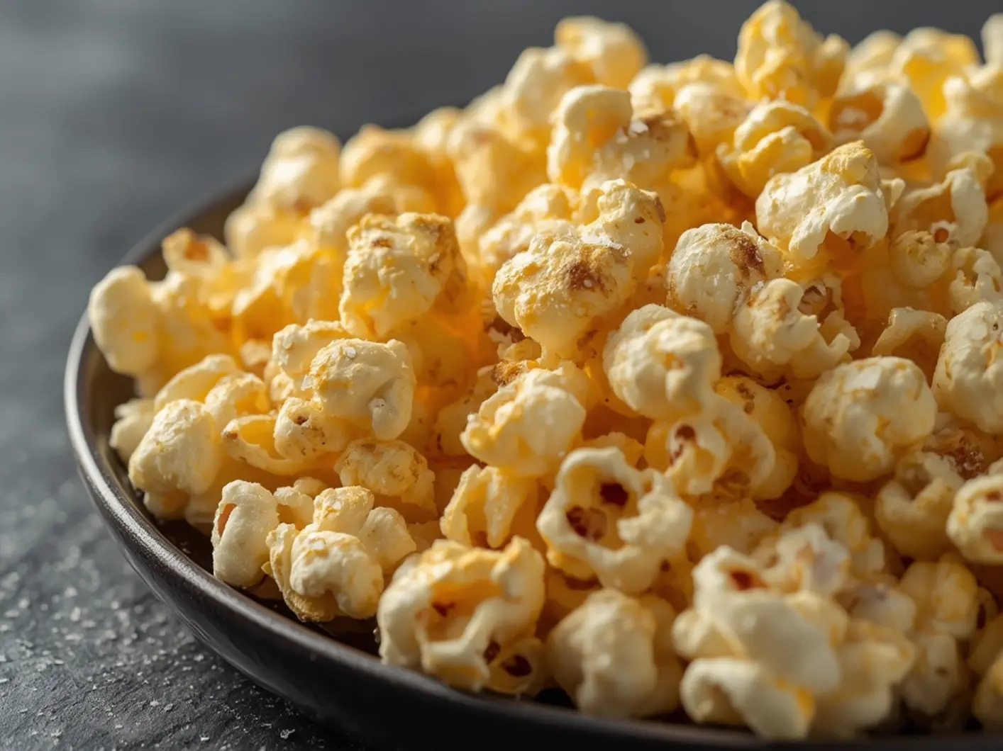 Air Fryer Popcorn: Golden crispy air fryer popcorn in a rustic bowl with salt crystals visible, perfect Crispy Air Fryer Sides snack.