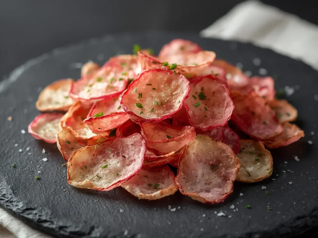 Air Fryer Radish Chips : Golden-brown crispy air fryer radish chips piled high on a dark plate, showing crispy edges and a light sprinkle of sea salt, perfect Crispy Air Fryer Sides snack.