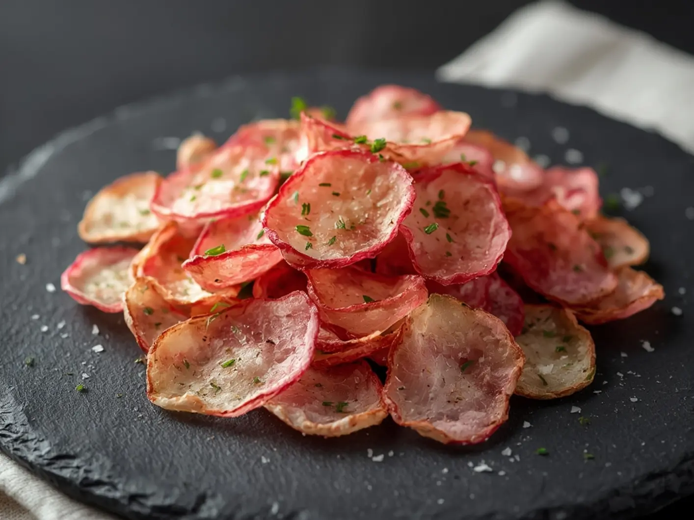 Air Fryer Radish Chips : Golden-brown crispy air fryer radish chips piled high on a dark plate, showing crispy edges and a light sprinkle of sea salt, perfect Crispy Air Fryer Sides snack.