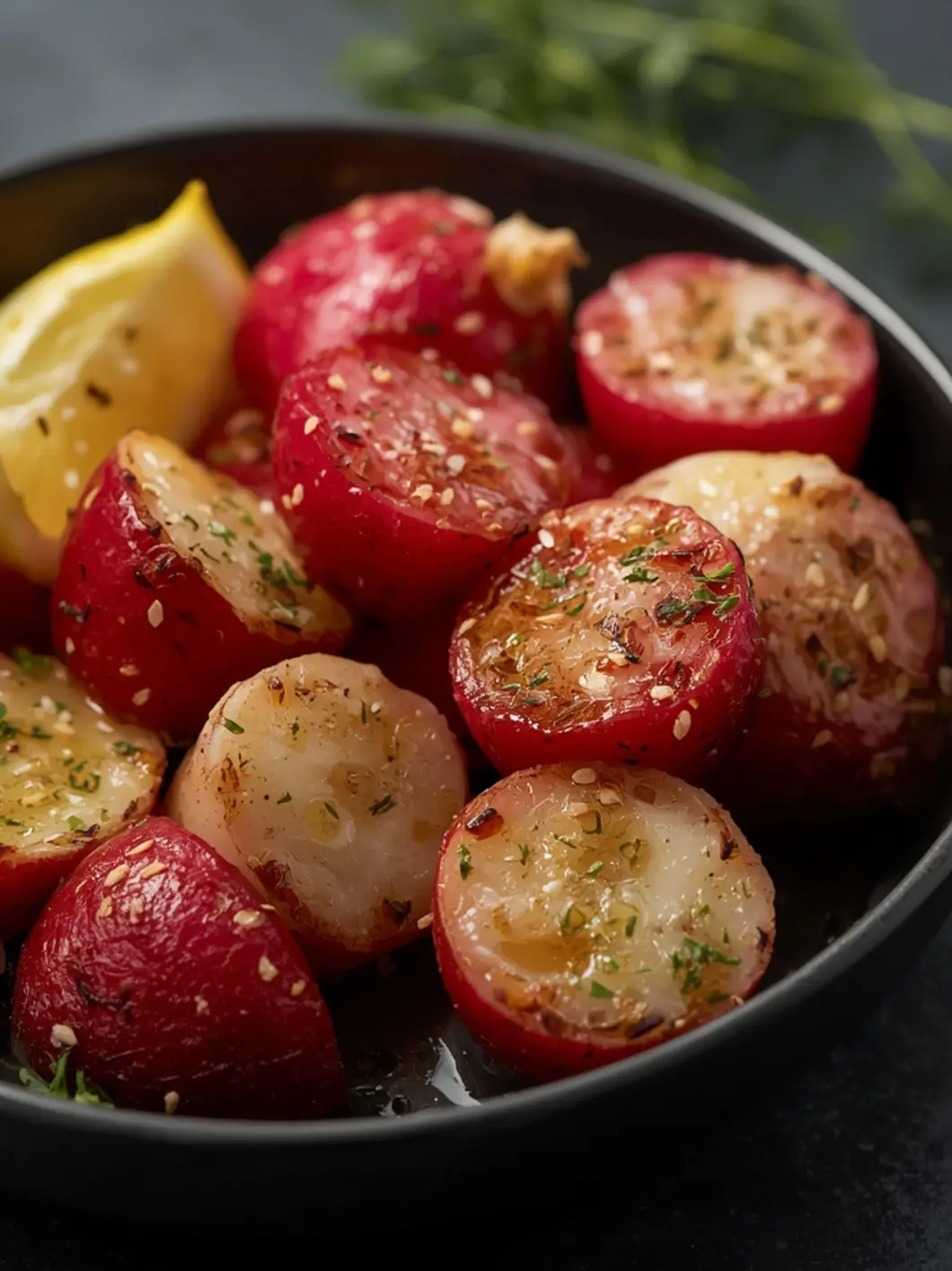 Crispy golden roasted radishes in white bowl with fresh thyme, steam rising, rustic dark background, crispy edges visible