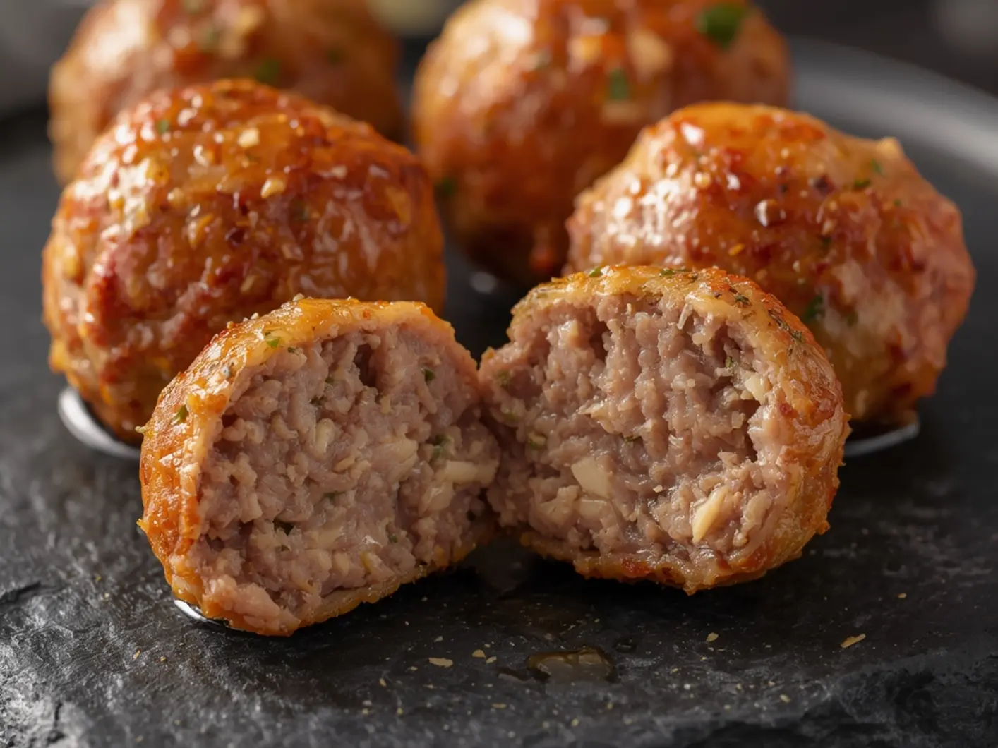 Air Fryer Raw Meatballs: Close up of golden brown air fryer raw meatballs with crispy crust and juicy interior on a plate