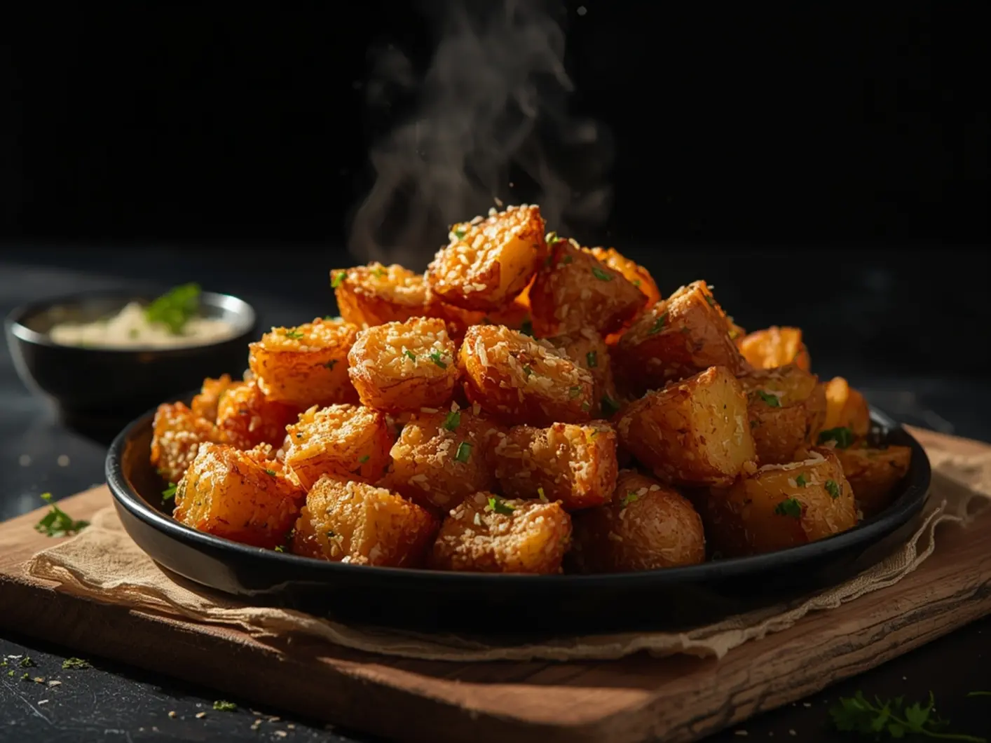 Air Fryer Red Potatoes: Golden crispy air fryer red potatoes with melted parmesan cheese and fresh herbs on a rustic wooden board, steam rising from the hot surface.