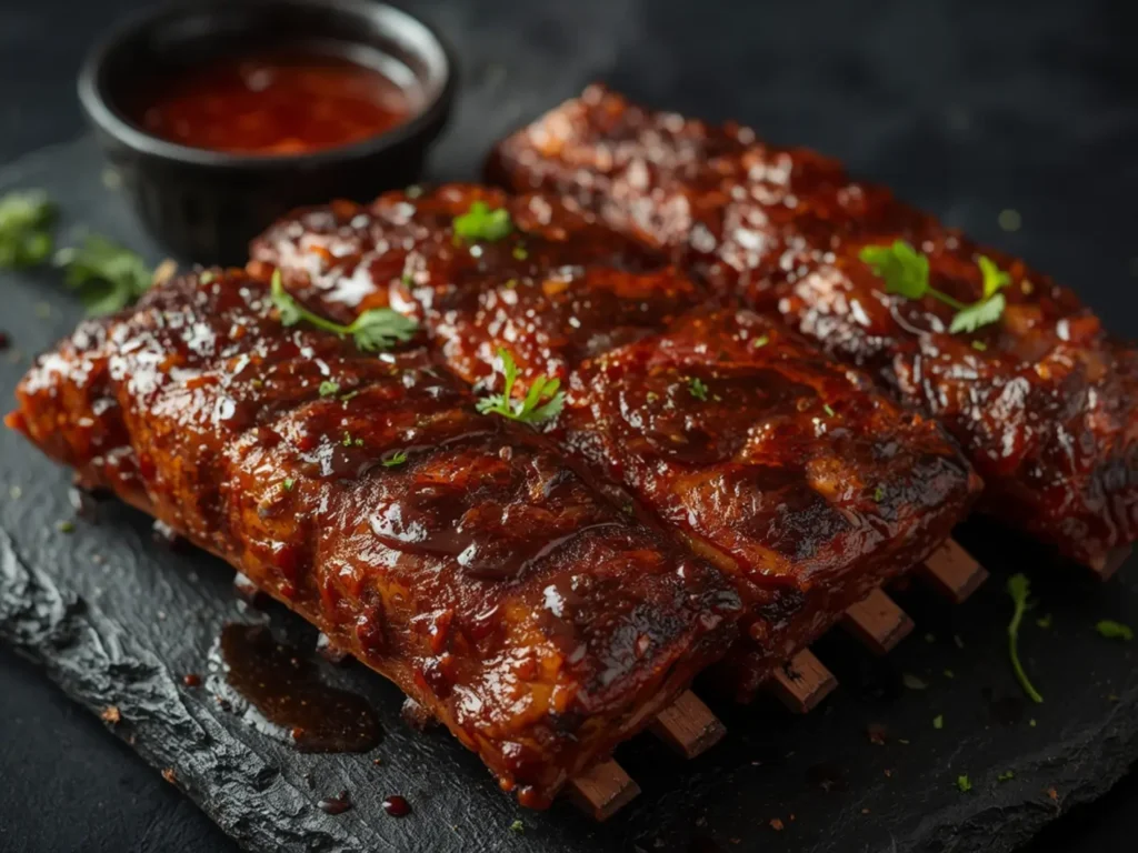 Air Fryer Ribs: Golden-brown crispy air fryer ribs with sticky barbecue glaze on a rustic wooden cutting board, showing tender meat falling off the bone.