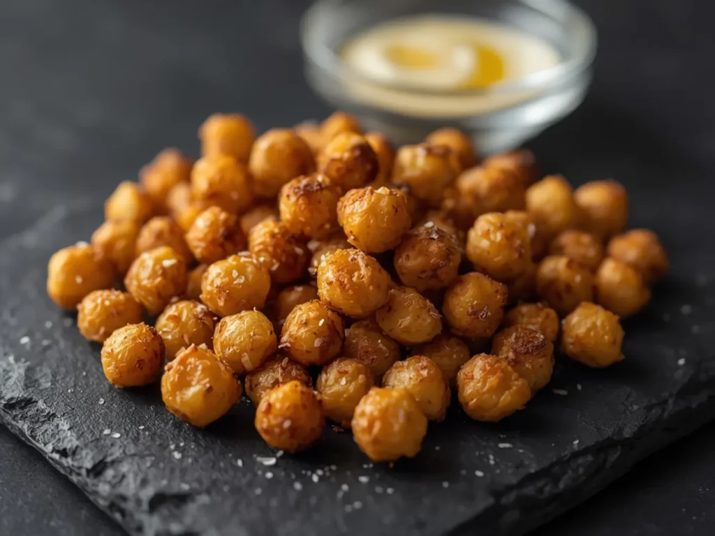 Air Fryer Roasted Chickpeas Snack: Crispy golden roasted chickpeas in a white bowl, seasoned with paprika and spices, crunchy texture visible