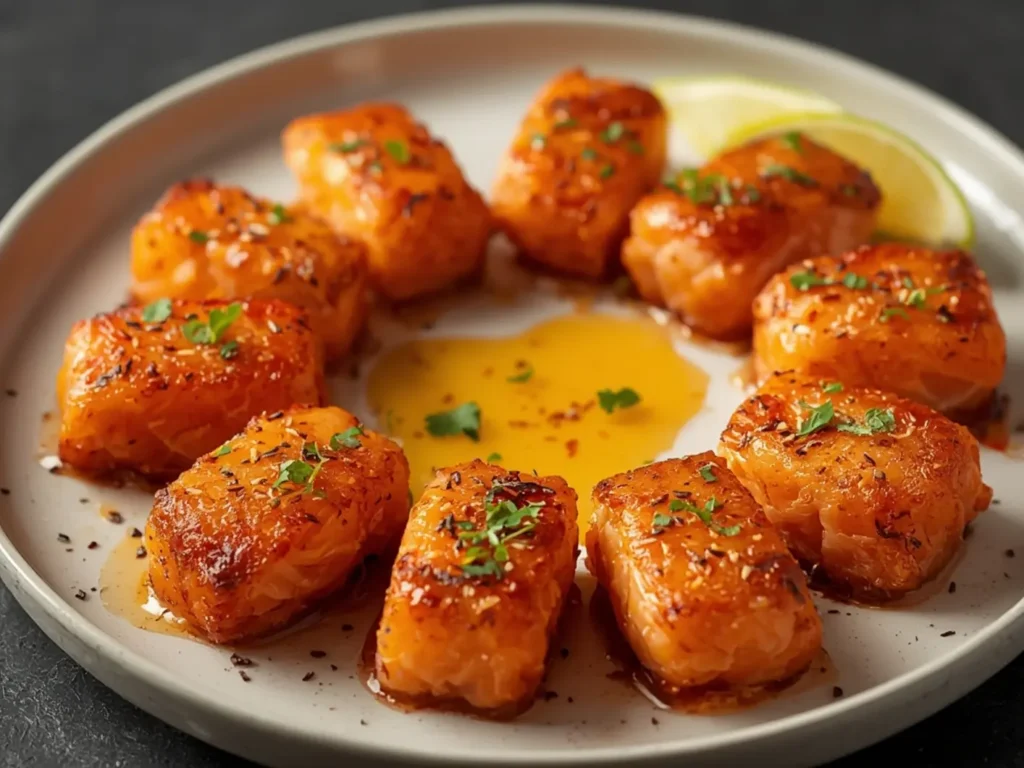 Air Fryer Salmon Bites with Hot Honey: Golden-brown salmon bites coated in glossy hot honey glaze in a white bowl, garnished with green onions, perfect air fryer dinner.
