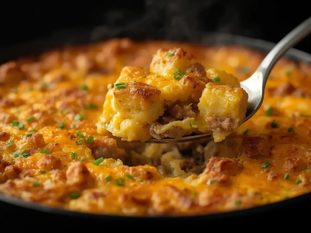 Air Fryer Sausage Breakfast Casserole: Golden brown Air Fryer Sausage Breakfast Casserole in a metal pan with melted cheese and sausage chunks, ready to serve.