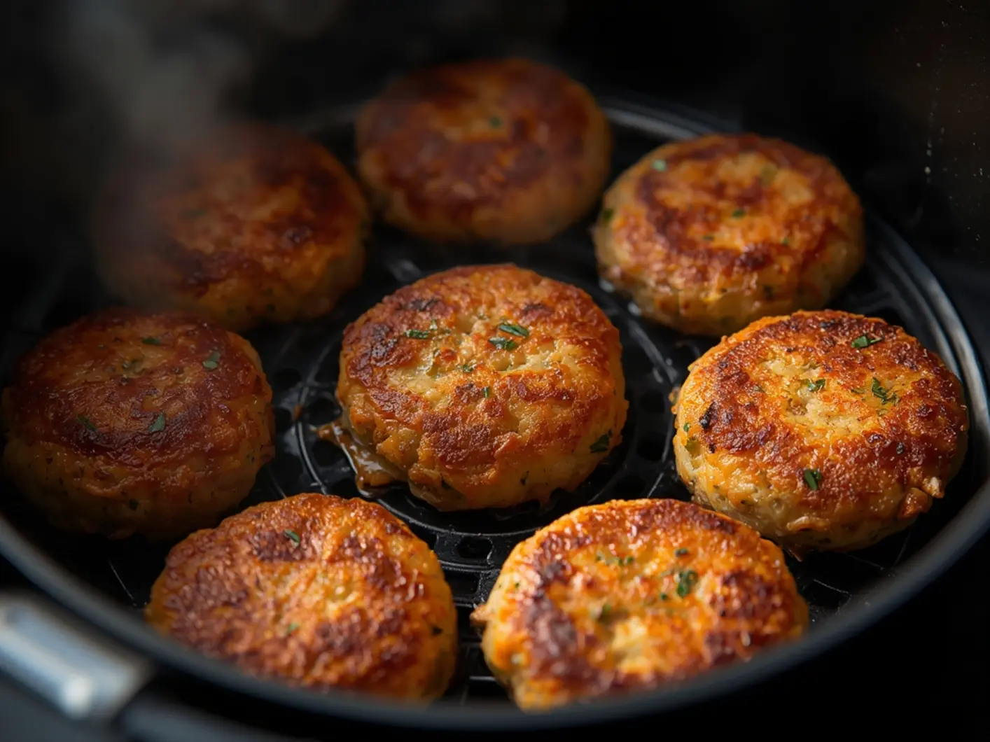 Air Fryer Sausage Patties: Crispy golden-brown homemade sausage patties in an air fryer basket with herbs and spices visible, ready to serve