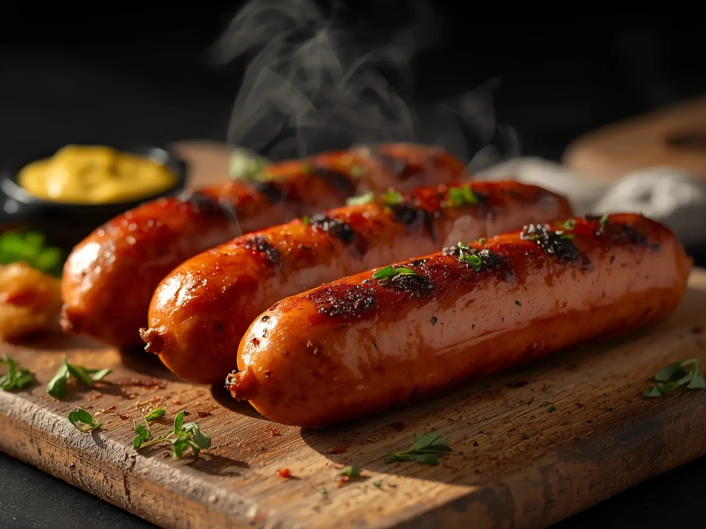 Air Fryer Sausages: Golden-brown smoked sausages with crispy crackling skin and juicy interior on a rustic cutting board, perfect air fryer dinner