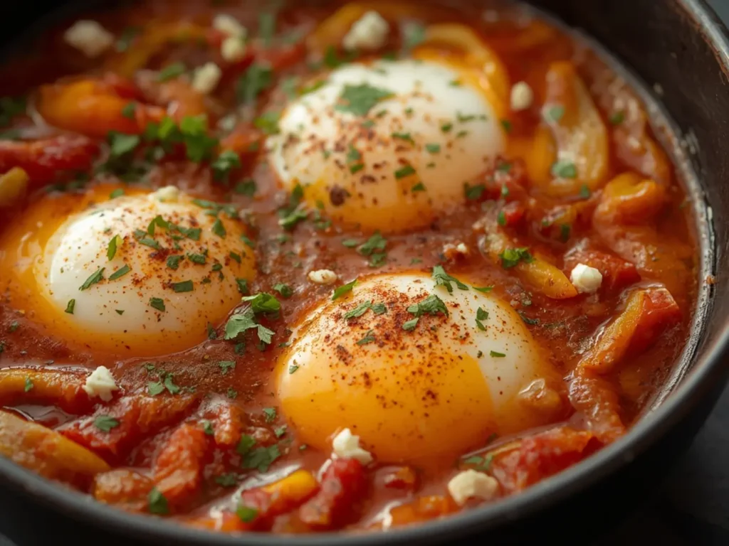 Air Fryer Shakshuka Bowls: Air Fryer Shakshuka Bowls with runny egg yolks in spicy tomato sauce, topped with feta and parsley on wooden board